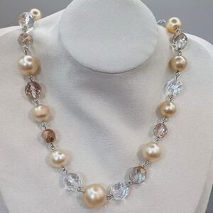 Vintage Lovely Faux Champagne Pearls & Glass, Silver Tone Necklace Forties Style